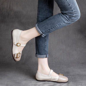 Giày da retro đế bệt mũi tròn mảng màu quai cài - OD0677