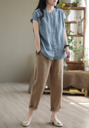 Quần baggy linen lưng thun ống đứng một khuy cài - NU7443
