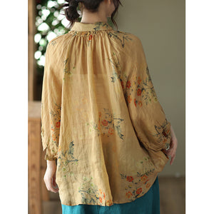 Áo sơ mi linen ngắn cổ pipi xếp ly in bụi hoa - NU7435