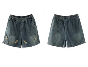 Quần sooc denim lưng thun túi vuông kiểu sờn rách - NU7119