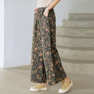 Quần baggy lưng thun ống rộng hai túi chéo in hoa lá - NU7044