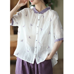 Áo sơ mi linen ngắn tay cổ pipi lệch màu thêu bông hoa cô đơn - NU7399