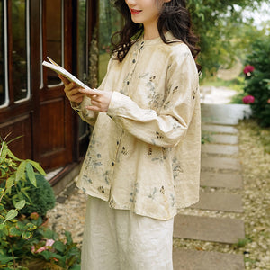 Áo sơ mi linen dài tay cổ đứng in màu nước một túi vuông - NU6740