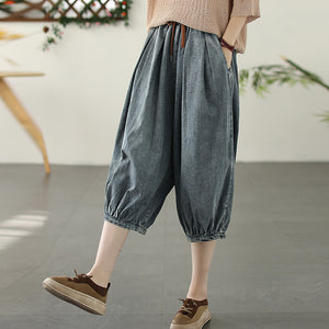 Quần baggy lửng denim lưng thun dây rút ống xếp ly - NU8600