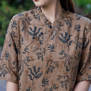 Đầm liền linen ngắn tay cổ V xếp ly khuy tròn in hoa lá - NU8437