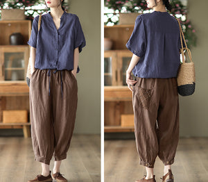 Áo sơ mi linen ngắn tay cổ V túi tròn kiểu - NU7059