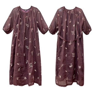 Đầm liền linen ngắn tay cổ xếp ly thêu hoa lá đơn sắc - NU8509