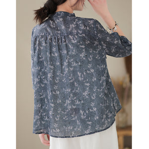 Áo sơ mi linen ngắn tay cổ đứng một khuy tròn in retro - NU8480