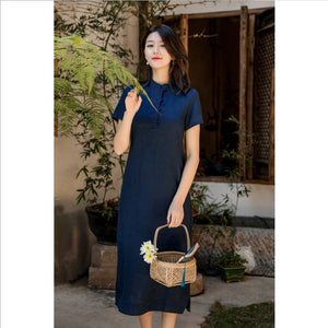 Đầm liền linen ngắn tay cổ tàu khuy tròn thêu họa tiết - NU5902
