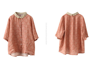 Áo sơ mi linen ngắn tay cổ pipi phối màu in những nhành cây - NU7506