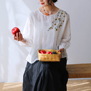 Áo sơ mi linen dài tay cổ tròn thêu cành hoa đính khuy - NU8405