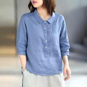 Áo sơ mi linen ngắn tay cổ đức khuy cài sát túi - NU5604