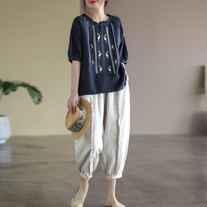 Áo sơ mi linen ngắn tay cổ tròn thêu hoa đối xứng - NU8211