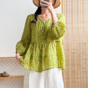 Áo sơ mi linen tay lửng cổ tròn xếp ly in hoa liti - NU7214