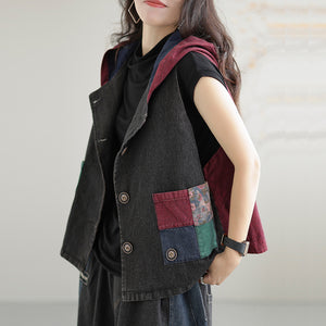 Áo khoác denim sát nách có mũ phối mảng màu - NU7601