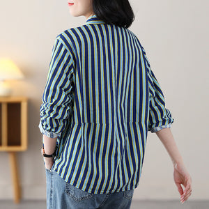 Áo sơ mi linen dài tay cổ đức kẻ sọc khuy vạt áo - NU8457