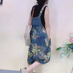 Quần baggy yếm denim retro in hoa lá hai túi hộp - NU7306