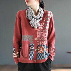 Áo khoác len cashmere dài tay cổ V hoa văn trừu tượng - NU7722