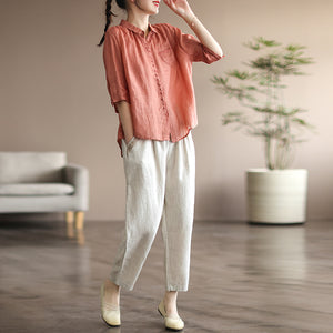Quần baggy linen lưng thun dây rút hai túi viền thêu hoa văn - NU7167