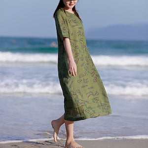 Đầm liền linen in hoa lá ngắn tay cổ tròn eo thắt dây - NU8579