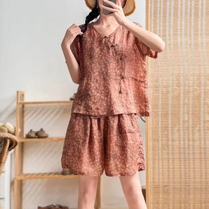 Bộ đồ gồm áo sơ mi ngắn tay khuy tàu và quần sooc in hoa liti - NU7210
