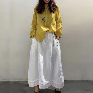 Áo sơ mi linen dài tay cổ tròn thêu hoa văn kiểu viền khuy - NU6783