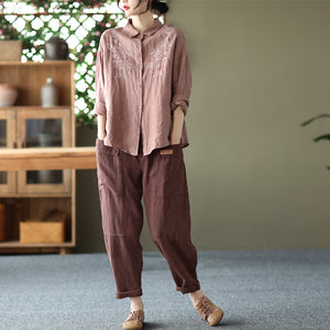 Áo sơ mi linen dài tay cổ đức thêu hoa đối xứng - NU6676