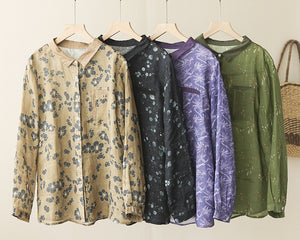 Áo sơ mi linen dài tay cổ đức in hoa lá túi giả - NU8208