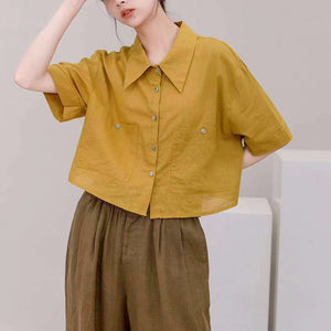 Áo sơ mi linen ngắn tay cổ sen nhọn hai túi vuông - NU7511