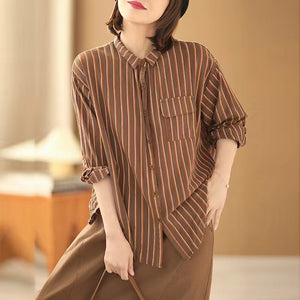 Áo sơ mi dài tay cổ pipi kẻ sọc một túi có nắp - NU7785