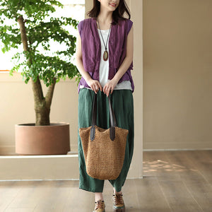 Áo sơ mi linen sát nách cổ V kiểu hai lớp túi vuông - NU8503