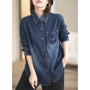 Áo sơ mi denim dài tay cổ đức form dài túi tam giác kiểu - NU8300