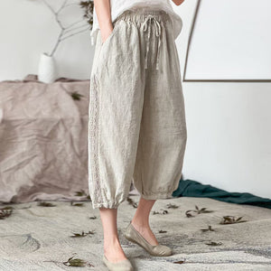 Quần baggy linen lưng thun dây rút thêu ren hai bên - NU7479