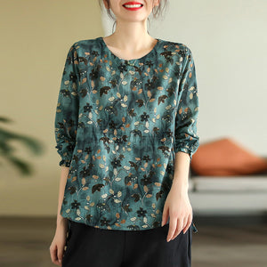 Áo sơ mi linen dài tay cổ tròn in hoa lá eo dây rút - NU8209