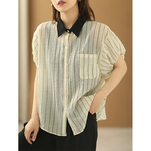 Áo sơ mi linen ngắn tay cổ pipi kẻ sọc bằng chữ - NU7391