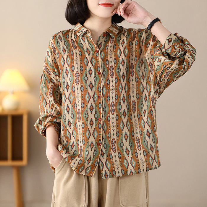 Áo sơ mi linen dài tay cổ đức in hình retro form rộng - NU8314