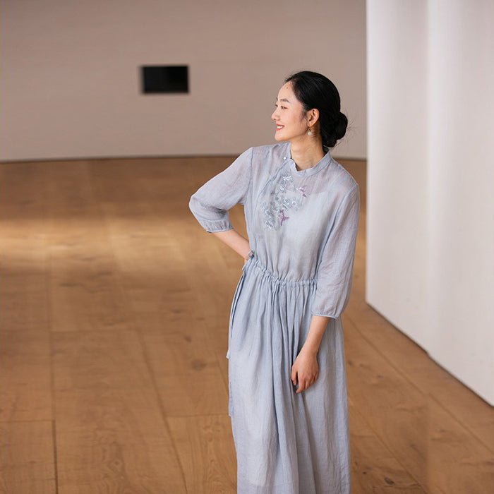 Đầm liền linen ngắn tay cổ đứng thêu chim én và nhành hoa - NU7574