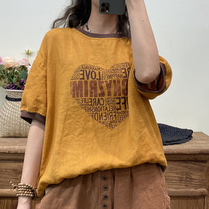 Áo T-shirt linen ngắn tay in typography trái tim - NU8518