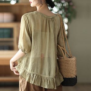 Áo sơ mi linen ngắn tay cổ lá sen ba khuy kiểu thêu hoa văn - NU7164