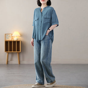 Áo sơ mi linen ngắn tay cổ V hai túi vuông - NU8560