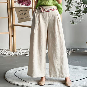 Quần baggy linen lưng cao thêu hoa văn ống rộng - NU8413