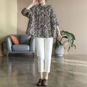 Áo sơ mi linen dài tay cổ pipi xếp ly hoa văn trừu tượng - NU6727