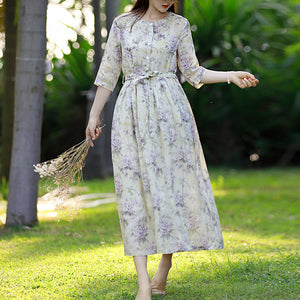 Đầm liền linen ngắn tay cổ tròn khuy cài in hoa lá - NU8266