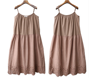 Đầm liền linen hai dây form xòe thêu hoa lá - NU6941