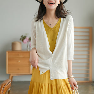 Áo khoác len cardigan dệt kim ngắn tay cổ V hai lớp - NU6589