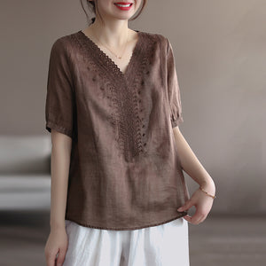 Áo T-shirt linen ngắn tay cổ V thêu hình học đối xứng - NU7330