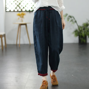 Quần baggy linen lưng thun dây rút phối màu ống côn - NU8299