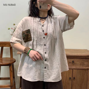 Áo sơ mi linen ngắn tay cổ V một túi in hoa lá - NU8643