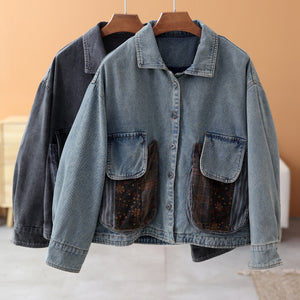 Áo khoác denim dài tay cổ đức hai túi tròn phối hoa lá - NU7893