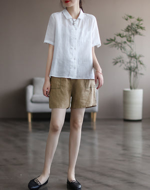 Quần sooc linen lưng thun hai túi vuông thêu bông hoa nhỏ - NU6883